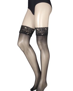 1 Pair Black 10 Denier Run Resist Lace Top Stockings Ladies Large - Charnos