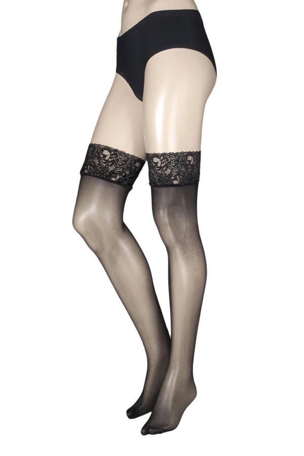1 Pair Black 10 Denier Run Resist Lace Top Stockings Ladies Large - Charnos