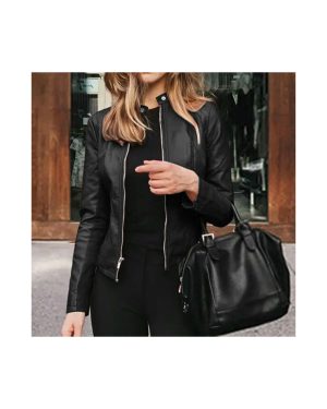 (1 black, M) Slim Fit Faux Leather Jacket Women Classic Moto Biker PU Leater Jacket Spring Autumn Basic Zipper Coat Outerwear