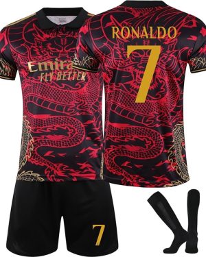 (18(100-110CM)) 24/25 Madrid Popular Dragon Pattern Red Soccer Activewear Print No.7 Ronaldo Fans Training Football Jerseys Kits