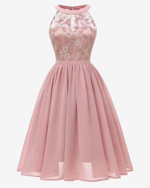 1950s Audrey Hepburn Style Retro Glamour Dress Pink Sleeveless Jewel Neck Lace Swing Dress