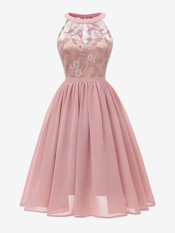 1950s Audrey Hepburn Style Retro Glamour Dress Pink Sleeveless Jewel Neck Lace Swing Dress