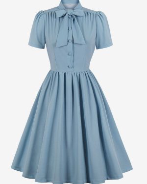 1950s Audrey Hepburn Style Vintage Glamour Dress Designed Neckline Bows Short Sleeves Medium Swing Dress