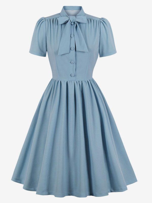 1950s Audrey Hepburn Style Vintage Glamour Dress Designed Neckline Bows Short Sleeves Medium Swing Dress