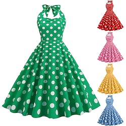 1950s Open Back Cocktail Dress Midi Dress JSK / Jumper Skirt A-Line Dress Sleeveless Flounced Polka Dot Round Dots Printing Ball Gown V Neck Halter Neck Normal Women's Valentine's Day Masquerade
