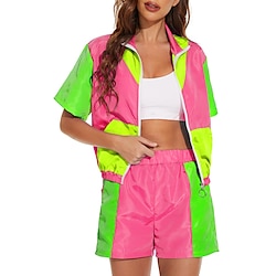 1980s Women's Color Block Windbreaker 2 Piece Outfits Short Sleeve Zip Front Elastic Waist Tracksuit Set