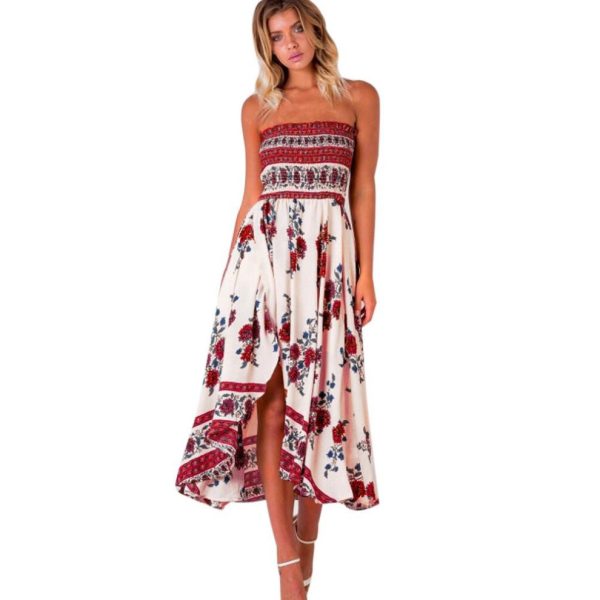 2017 Dress Women Off Shoulder Strapless Boho Long Maxi Evening Party Beach Dress Floral Sundress vestidos#LSN