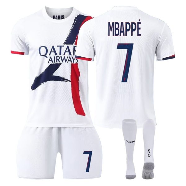 (24(130-140CM)) 24/25 PSG White Away Soccer Activewear Print No.7 Mbappe Fans Training Football Jerseys Kits