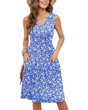 (2XL, Blue White Floral) Summer Dresses for Women Sleeveless Ladies Dress Casual V Neck Beach Dress Swing Button Midi Sundress Dress with Pocket