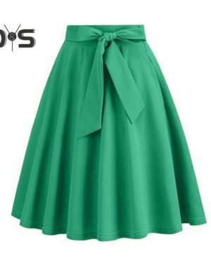 (2XL, green) Women Skirt Belted Tight Waist Bow Decor A Line Big Swing Solid Color High Waist Soft Ruffle Summer Dating Party Midi Skirt