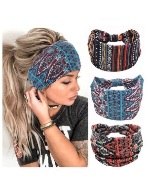3 Pcs Women's Hair Bands Wide Elastic Soft Wide Elastic Bohemian Headwear Hair Band Workout Head Wrap Boho Headband Print Hair Accessories Yoga Sports