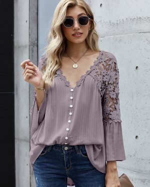 3/4 Length Sleeves Tees Black Sheer Lace Buttons V-Neck Tee Shirt For Women