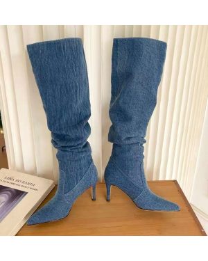 (39, Blue) Pleated High Heels Denim Boots for Women 2023 Autumn Jeans Knee High Cowboy Boots Woman Blue Thin Heeled Long Botas Feminina