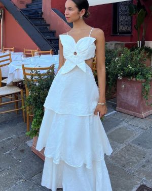 3D Flower Layered Slip Maxi Dress In White For Summer Beach 2025