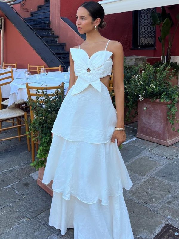 3D Flower Layered Slip Maxi Dress In White For Summer Beach 2025