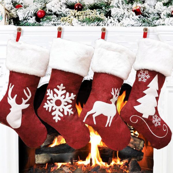4 Pcs Christmas Stocking Classic Large Stockings Xmas Tree, Snowflake, Reindeer Pattern Christmas Sock for Family Holiday Decoration