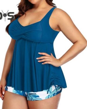 (4XL, blue) 2 Pcs/set Swimsuit Sleeveless Low-cut Elastic High Waist Plus Size Swim Top Floral Print Shorts Set Swimwear Bathing Suit Vacation Water S
