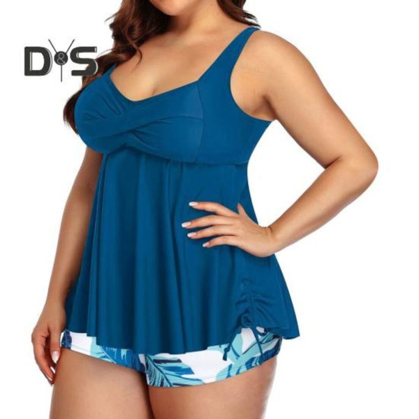 (4XL, blue) 2 Pcs/set Swimsuit Sleeveless Low-cut Elastic High Waist Plus Size Swim Top Floral Print Shorts Set Swimwear Bathing Suit Vacation Water S