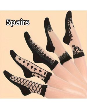 (5 Pairs Of Mixed Colors, One-size) 5/6 Pairs Vintage Embroidery Socks, Comfy & Breathable Short Mesh Socks, Women's Stockings & Hosiery