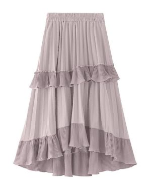 (5XL, pink) Zanzea Women Summer Elastic Waist Solid Color A-line Pleated Loose Skirts