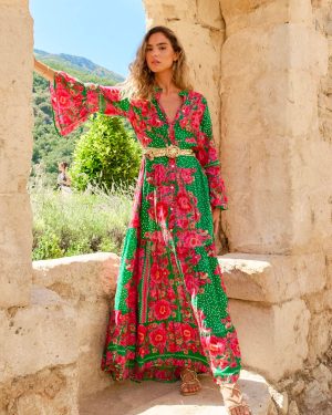 A Green/Pink Floral Print Button Front Maxi Dress with 3/4 Trumpet Sleeves