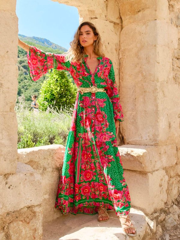 A Green/Pink Floral Print Button Front Maxi Dress with 3/4 Trumpet Sleeves