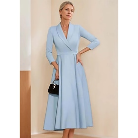 A-Line Blazer Dress Mother of the Bride Dress Stretch Crepe Elegant Simple Lapel Neckline Tea Length Satin 3/4 Length Sleeve with Solid Color 2025