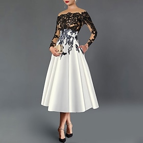 A-Line Cocktail Dresses Elegant Dress Formal Wedding Guest Tea Length 3/4 Length Sleeve Off Shoulder Pocket Satin with Embroidery Pocket Derby Dresses 2025