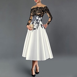 A-Line Cocktail Dresses Elegant Dress Formal Wedding Guest Tea Length 3/4 Length Sleeve Off Shoulder Pocket Satin with Embroidery Pocket Derby Dresses 2025