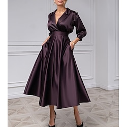 A-Line Cocktail Dresses Elegant Dress Tuxedo Dress Wedding Guest Evening Party Tea Length 3/4 Length Sleeve Shirt Collar Satin with Pleats Derby Dresses 2025