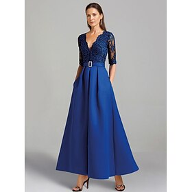 A-Line Dress Mother of the Bride Dress Elegant High Low V Neck Asymmetrical Ankle Length Satin Lace Half Sleeve with Lace Color Block 2025 free custom size