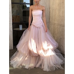 A-Line Evening Gown Elegant Dress Formal Court Train Sleeveless Strapless Tulle with Pleats Ruched 2025
