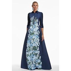 A-Line Evening Gown Elegant Dress Formal Wedding Floor Length Long Sleeve Shirt Collar Pocket Satin with Floral Print 2025