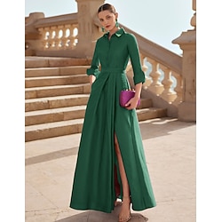 A-Line Evening Gown Elegant Dress Formal Wedding Guest Floor Length Long Sleeve Shirt Collar Pocket Satin with Slit 2025