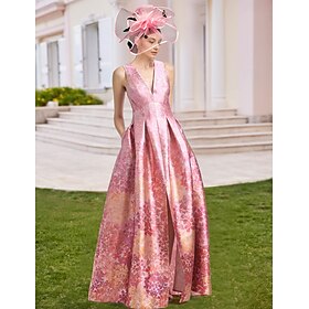 A-Line Evening Gown High Split Dress Beach Wedding Formal Wedding Guest Floor Length Sleeveless V Neck Pocket Satin with Floral Print Slit Pocket Derby Dress R