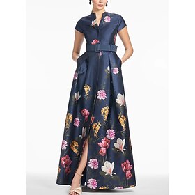 A-Line Evening Gown High Split Dress Formal Wedding Guest Floor Length Short Sleeve V Neck Pocket Satin with Floral Print Slit Pocket Derby Dress Race Day Dres
