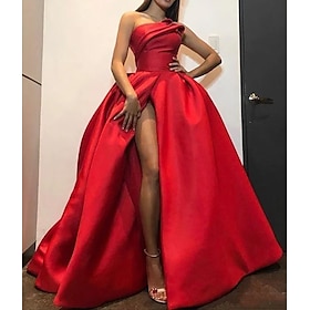 A-Line Evening Gown Party Dress Wedding Guest Prom Floor Length Short Sleeve Halter Neck Belt / Sash Satin Backless V Back with Pleats Ruched Appliques Masquer