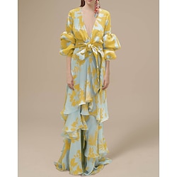 A-Line Floral Dress Beach Wedding Summer Maxi Dresses for Women Holiday Casual Dress Floor Length Long Sleeve V Neck with Print Strappy dress to impress Wedding Guest Dress 2025