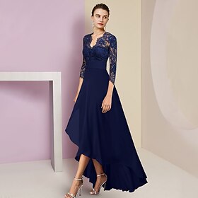 A-Line Mother of the Bride Dress Formal Wedding Guest Elegant High Low V Neck Asymmetrical Tea Length Chiffon Lace 3/4 Length Sleeve with Ruched 2025 free cust