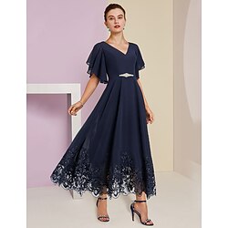 A-Line Mother of the Bride Dress Formal Wedding Guest Elegant V Neck Tea Length Chiffon Lace Short Sleeve with Appliques Crystal Brooch 2025 free custom size