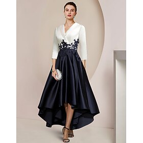 A-Line Mother of the Bride Dress Tuxedo Dress Formal Wedding Guest Elegant High Low Shirt Collar Asymmetrical Tea Length Satin Lace with Appliques Color Block