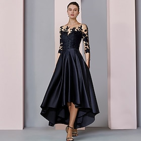 A-Line Mother of the Bride Dress Wedding Guest Elegant High Low Scoop Neck Asymmetrical Tea Length Satin Lace 3/4 Length Sleeve with Pleats Appliques 2025 free