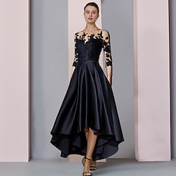 A-Line Mother of the Bride Dress Wedding Guest Elegant High Low Scoop Neck Asymmetrical Tea Length Satin Lace 3/4 Length Sleeve with Pleats Appliques 2025 free custom size