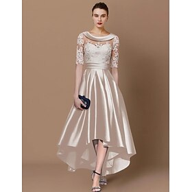 A-Line Mother of the Bride Dress Wedding Guest Elegant High Low Scoop Neck Asymmetrical Tea Length Satin Lace Half Sleeve with Appliques Derby Dress Race Day D