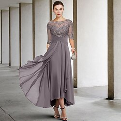 A-Line Mother of the Bride Dress Wedding Guest Elegant Plus Size High Low V Neck Asymmetrical Ankle Length Chiffon Lace Half Sleeve with Beading Appliques 2025 free custom size