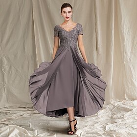 A-Line Mother of the Bride Dress Wedding Guest Elegant Plus Size High Low V Neck Tea Length Chiffon Lace Short Sleeve with Pleats Appliques 2025 free custom si