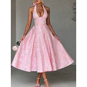 A-Line Pink Dress Jacquard Dress Semi Formal Cocktail Dress Wedding Midi Length Sleeveless Halter Neck Bow Backless with Lace Up Detail Wedding Guest Dress 202