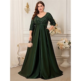 A-Line Plus Size Dresses Elegant Curve Dress Formal Wedding Floor Length 3/4 Length Sleeve V Neck Satin with Sequin 2025