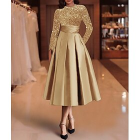 A-Line Sequin Cocktail Dresses Elegant Dress Wedding Guest Tea Length Long Sleeve Jewel Neck Satin with Pleats Derby Dresses 2025