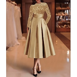 A-Line Sequin Cocktail Dresses Elegant Dress Wedding Guest Tea Length Long Sleeve Jewel Neck Satin with Pleats Derby Dresses 2025